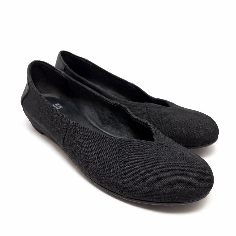 Eileen Fisher Black Stretch Grosgrain Leather V Cut Canoe Hidden Wedge Flats 8.5